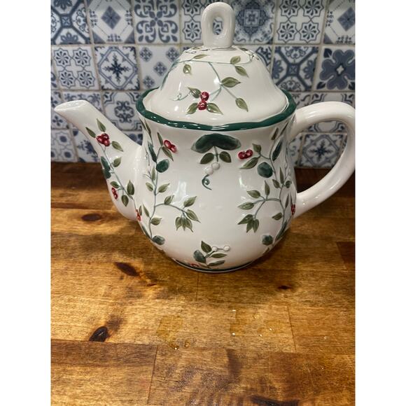 Pfaltzgraff Winterberry Ceramic Teapot | Hand-Painted Holly & Berry Design - Picture 4 of 6